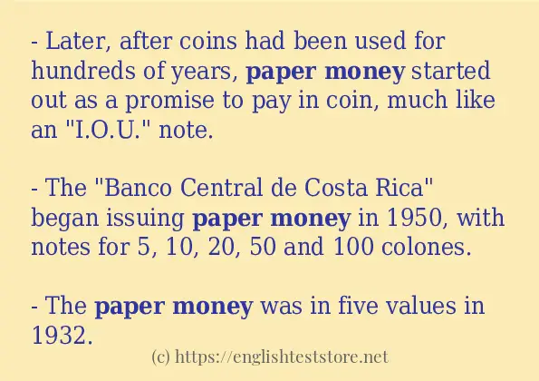 Paper money example in sentences